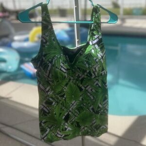 V-Next Green Leaf Print Swim Top